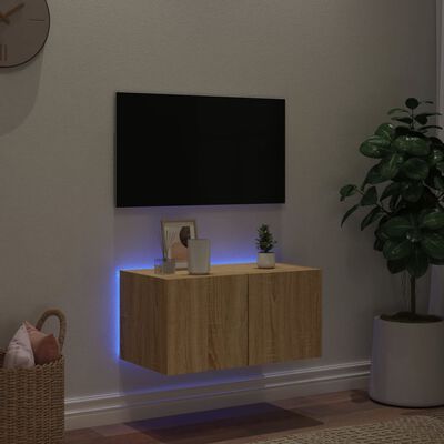 vidaXL væghængt tv-bord med LED-lys 60x35x31 cm sonoma-eg