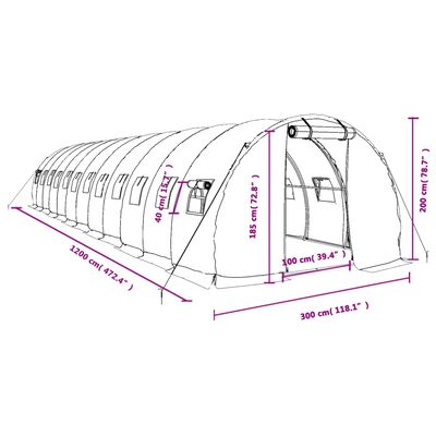 vidaXL drivhus med stålstel 36 m² 12x3x2 m hvid