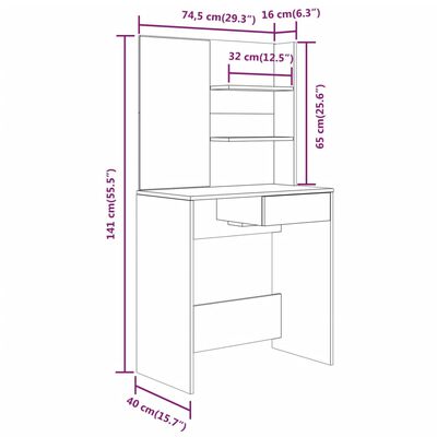 vidaXL makeupbord med spejl 74,5x40x141 cm røget egetræsfarve
