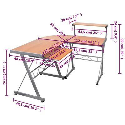 vidaXL computerbord til hjørne 132x112x99 cm konstrueret træ brun