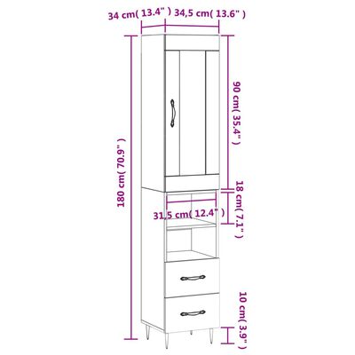 vidaXL skab 34,5x34x180 cm konstrueret træ hvid højglans