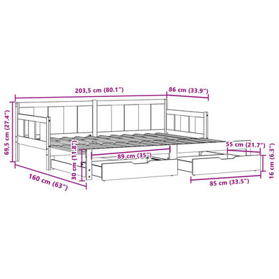 vidaXL daybed med udtræk og skuffer 80x200 cm massivt fyrretræ hvid