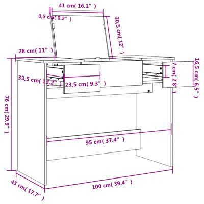 vidaXL makeupbord med spejl 100x45x76 cm betongrå