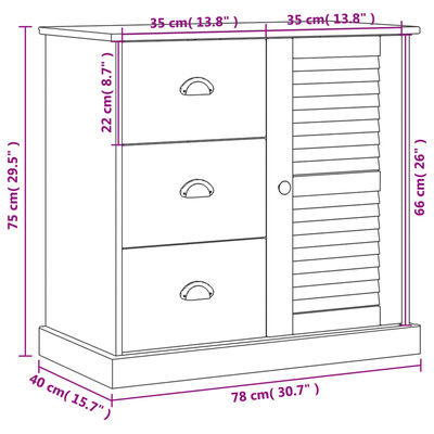 vidaXL skænk med skuffer VIGO 78x40x75 cm massivt fyrretræ hvid