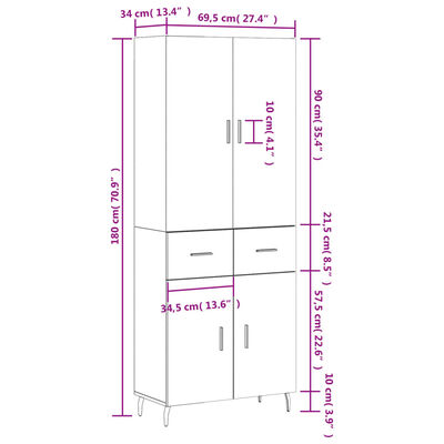 vidaXL højskab 69,5x34x180 cm konstrueret træ røget egetræsfarve