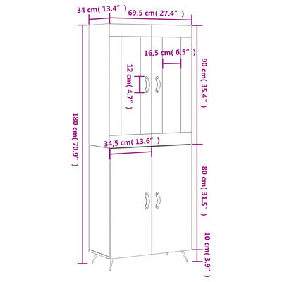 vidaXL højskab 69,5x34x180 cm konstrueret træ brun egetræsfarve