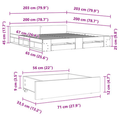 vidaXL sengeramme med skuffer 200x200 cm konstrueret træ sonoma-eg