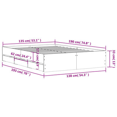 vidaXL sengeramme med skuffer 135x190 cm konstrueret træ sonoma-eg