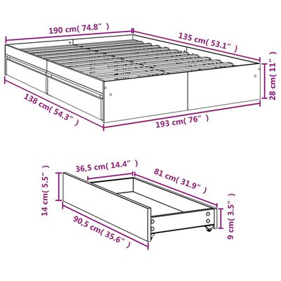 vidaXL sengeramme med skuffer 135x190 cm konstrueret træ sort