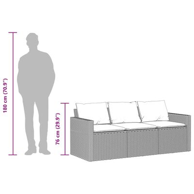 vidaXL 3-personers havesofa med hynder polyrattan sort