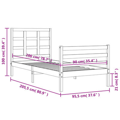 vidaXL sengeramme med sengegavl 90x200 cm massivt træ gyldenbrun