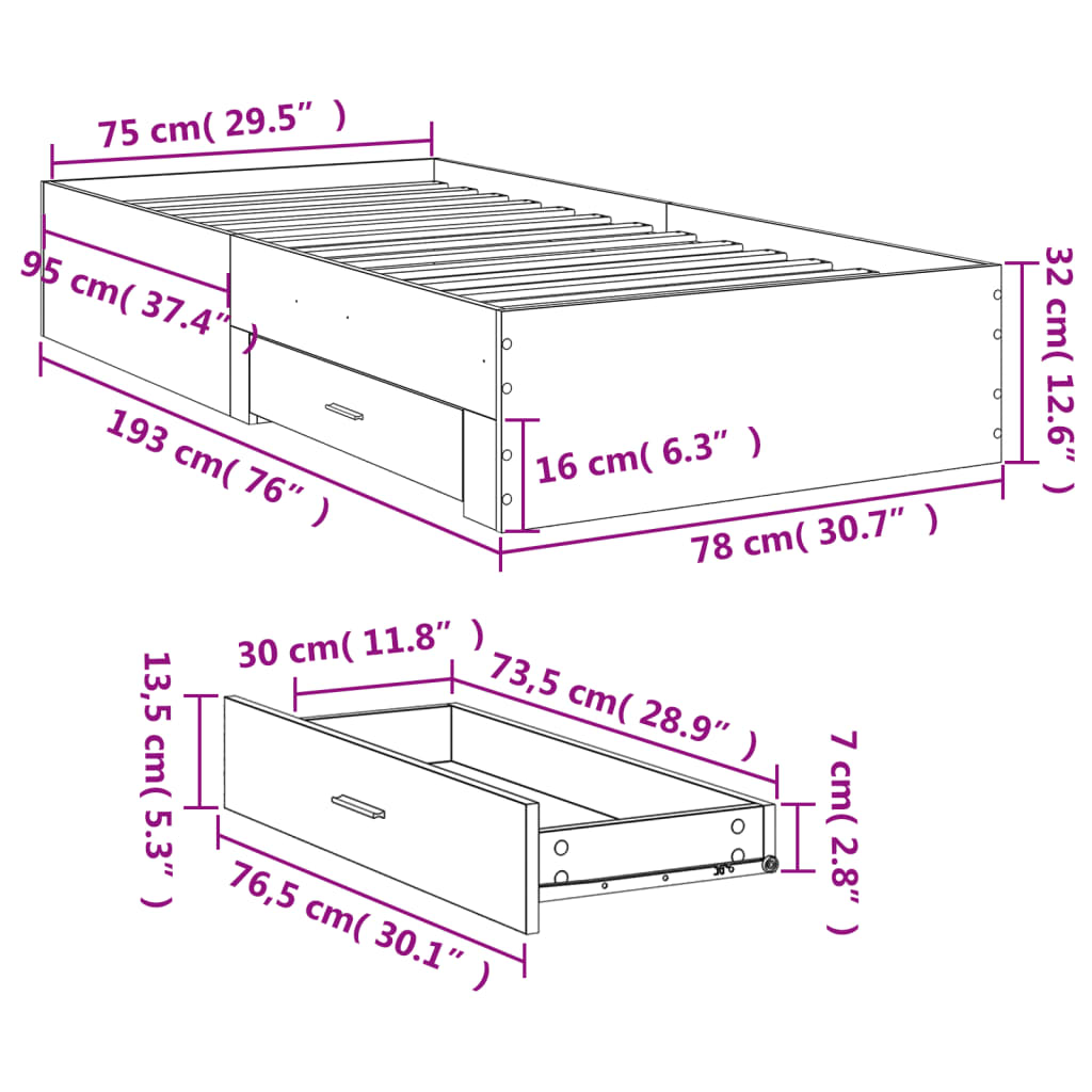 vidaXL sengeramme med skuffer 75x190 cm konstrueret træ sort