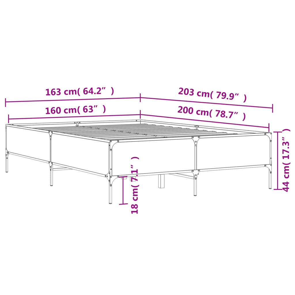 vidaXL sengestel 160x200 cm konstrueret træ og metal grå sonoma-eg