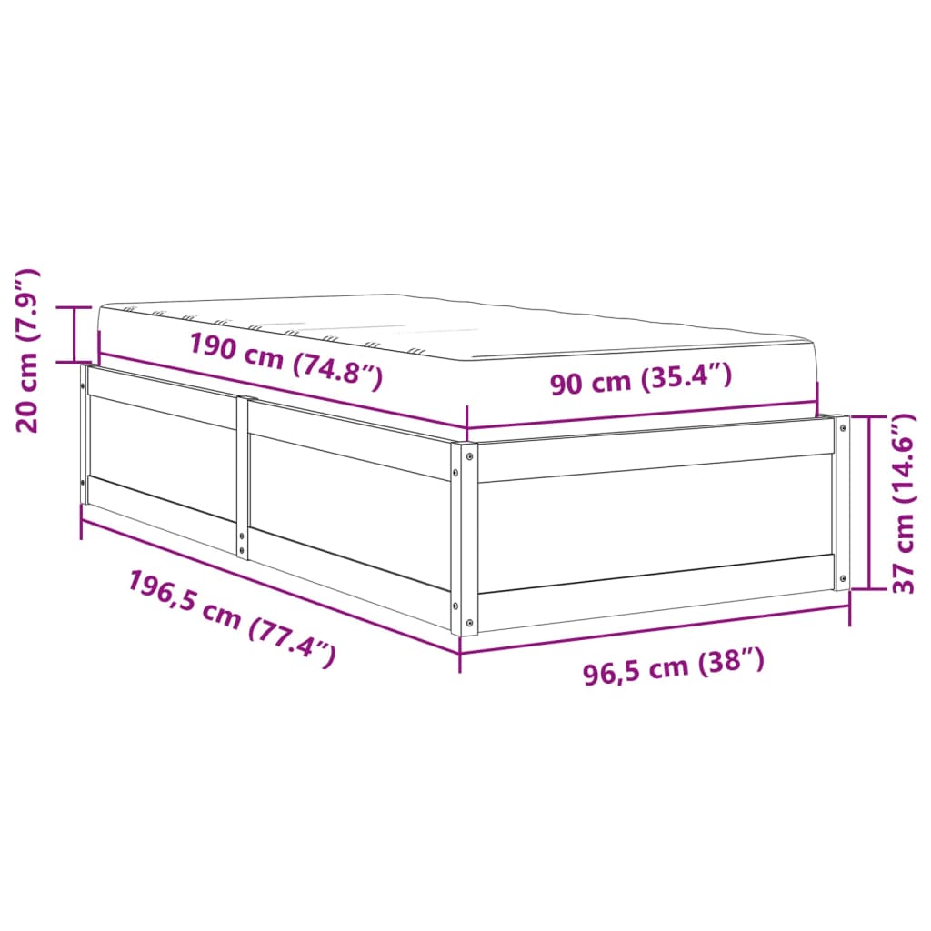 vidaXL seng med madras 90x190 cm massivt fyrretræ grå