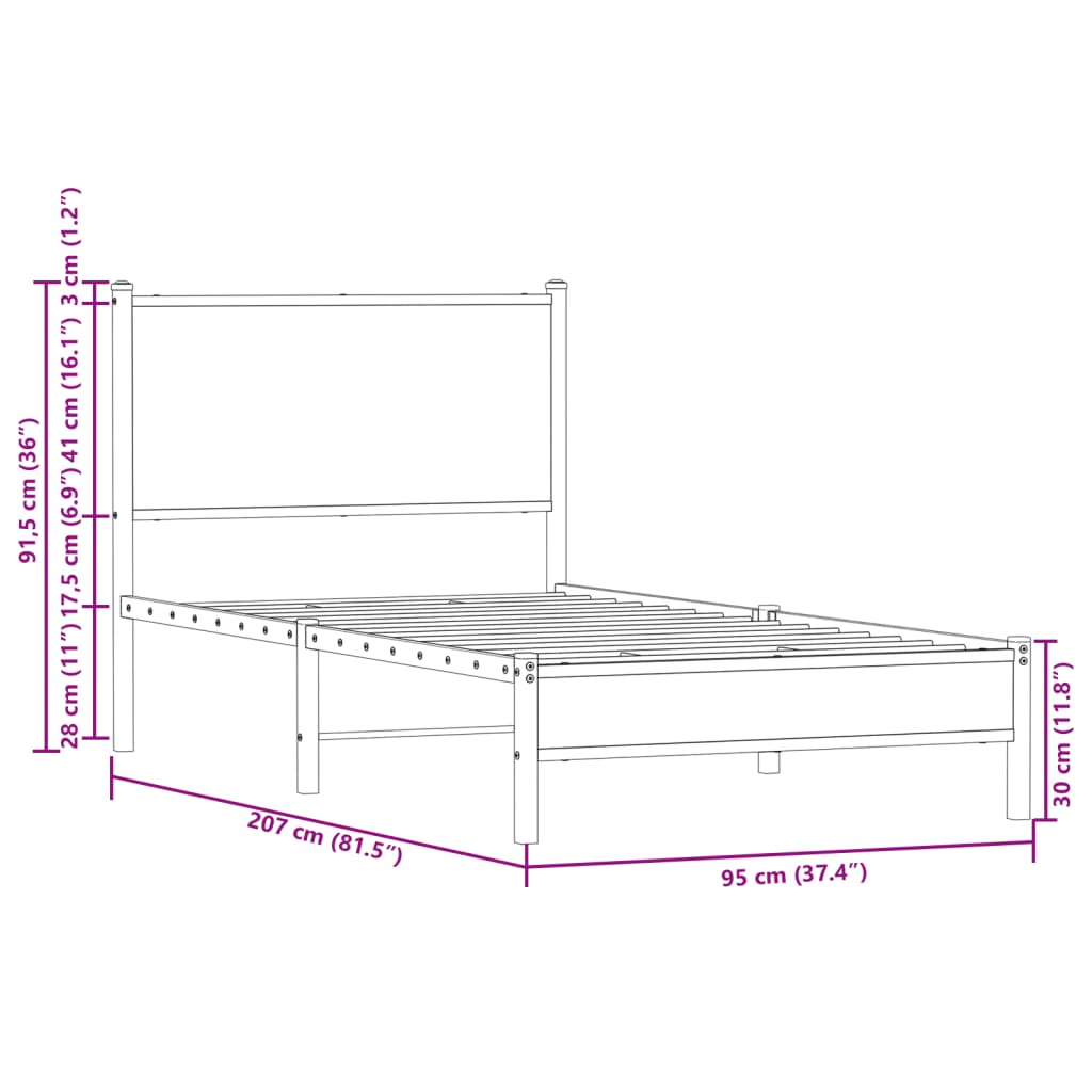 vidaXL sengeramme 90x200 cm uden madras metal brun egetræsfarve