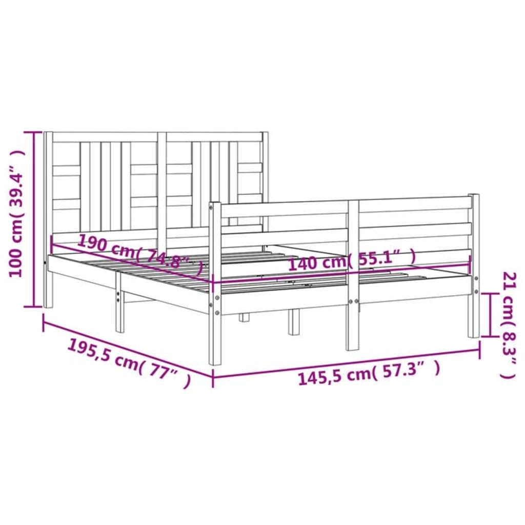 vidaXL sengeramme med sengegavl 140x190 cm massivt træ grå