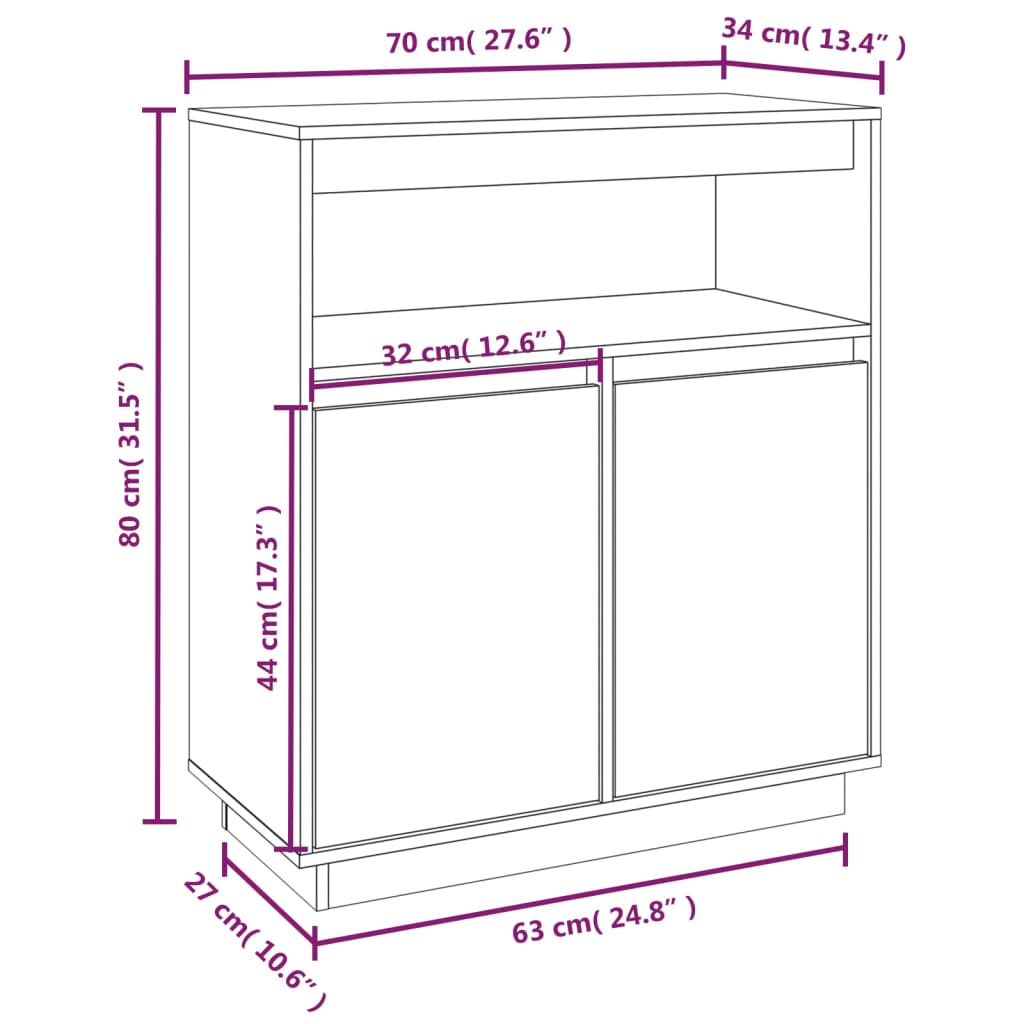 vidaXL skænk 70x34x80 cm massivt fyrretræ sort