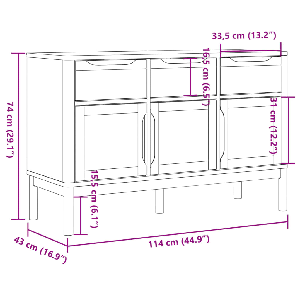 vidaXL skænk FLORO 114x43x74 cm massivt fyrretræ hvid