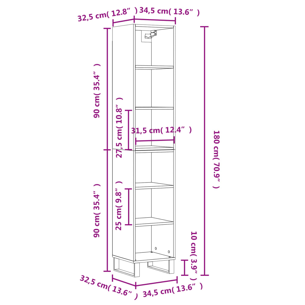 vidaXL skab 34,5x32,5x180 cm konstrueret træ hvid højglans