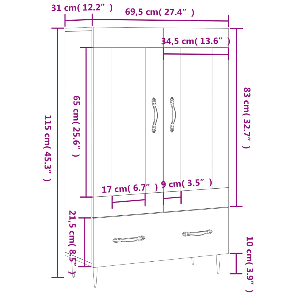 vidaXL skab 69,5x31x115 cm konstrueret træ røget sonoma-eg