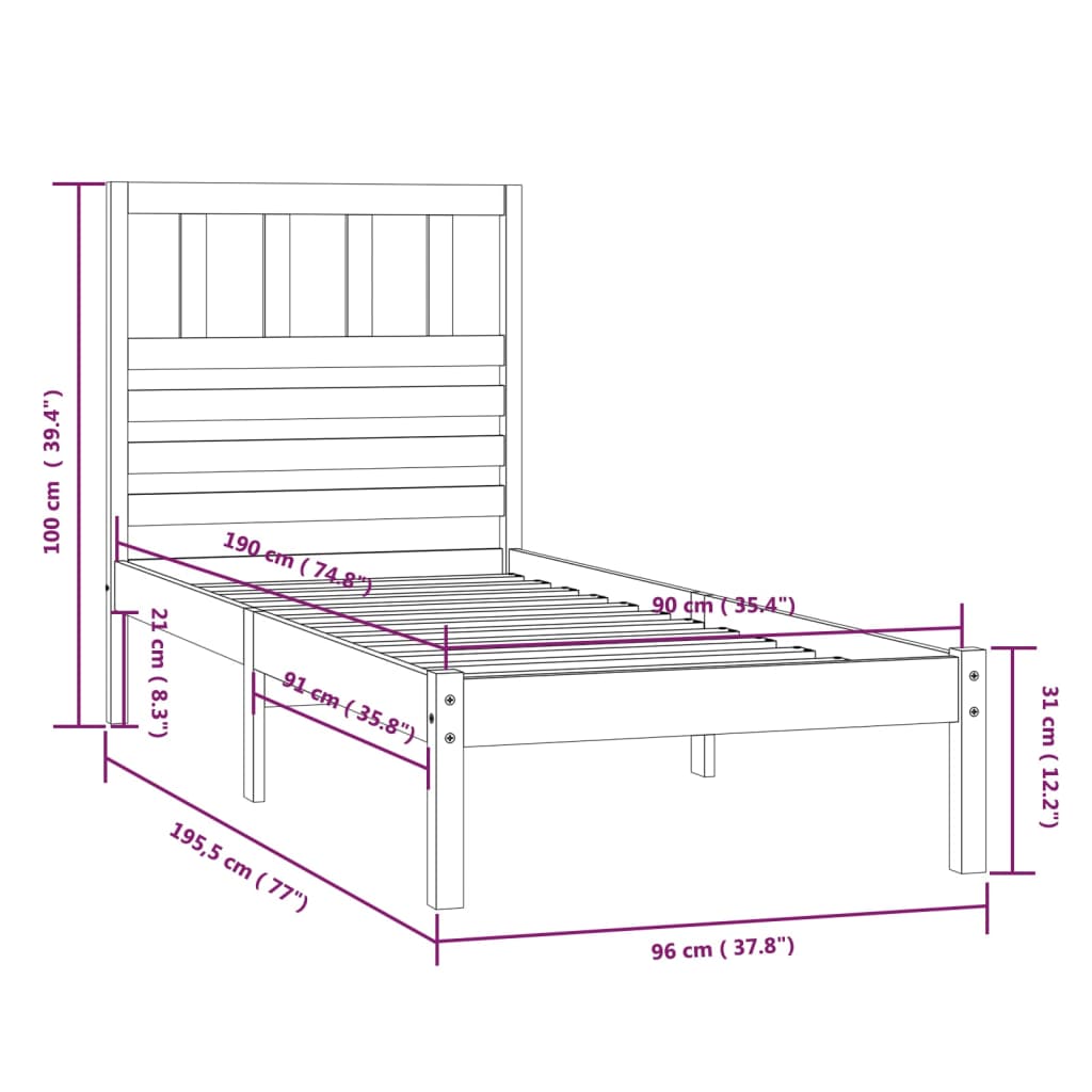 vidaXL sengeramme 90x190 cm massivt fyrretræ hvid