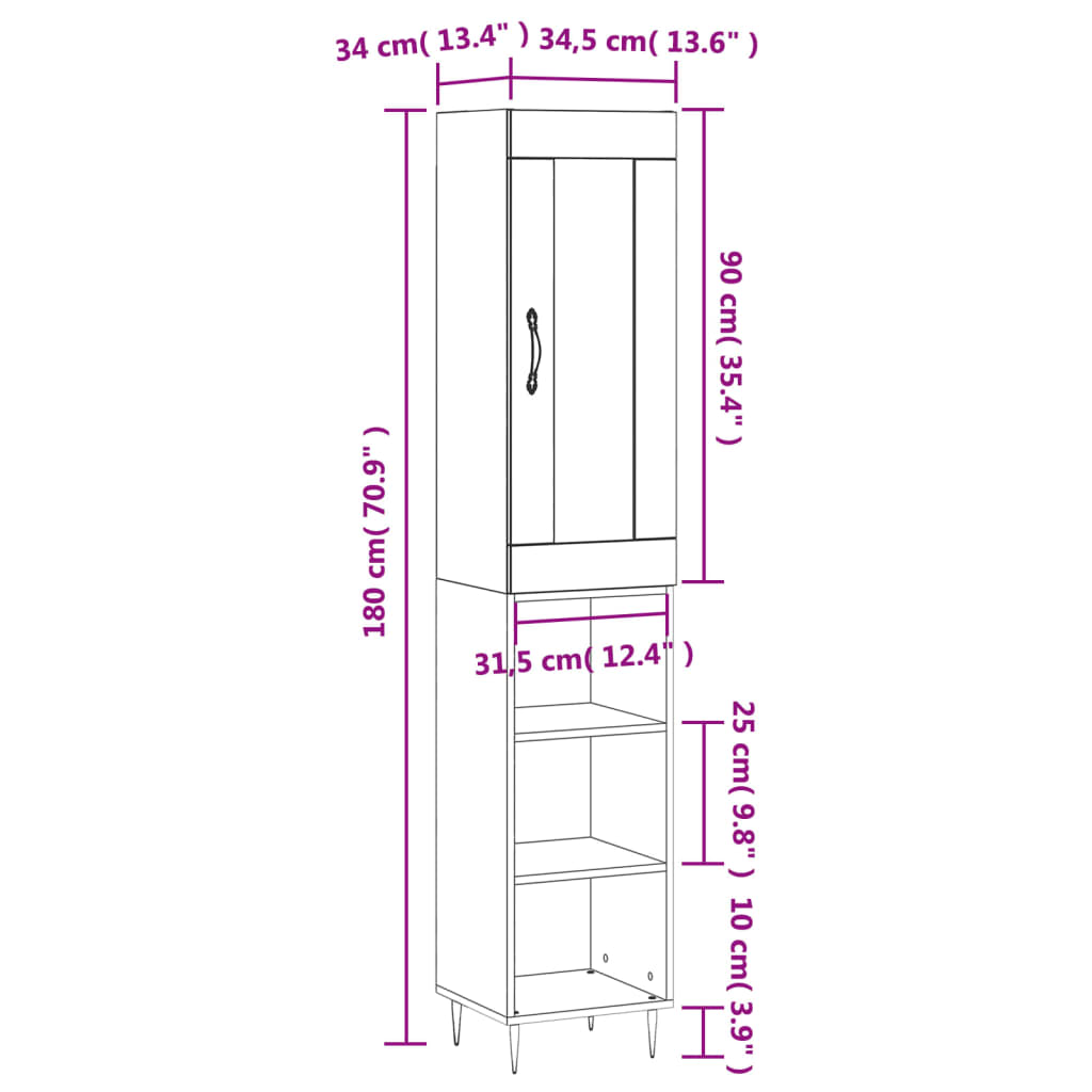 vidaXL skab 34,5x34x180 cm konstrueret træ brun egetræsfarve