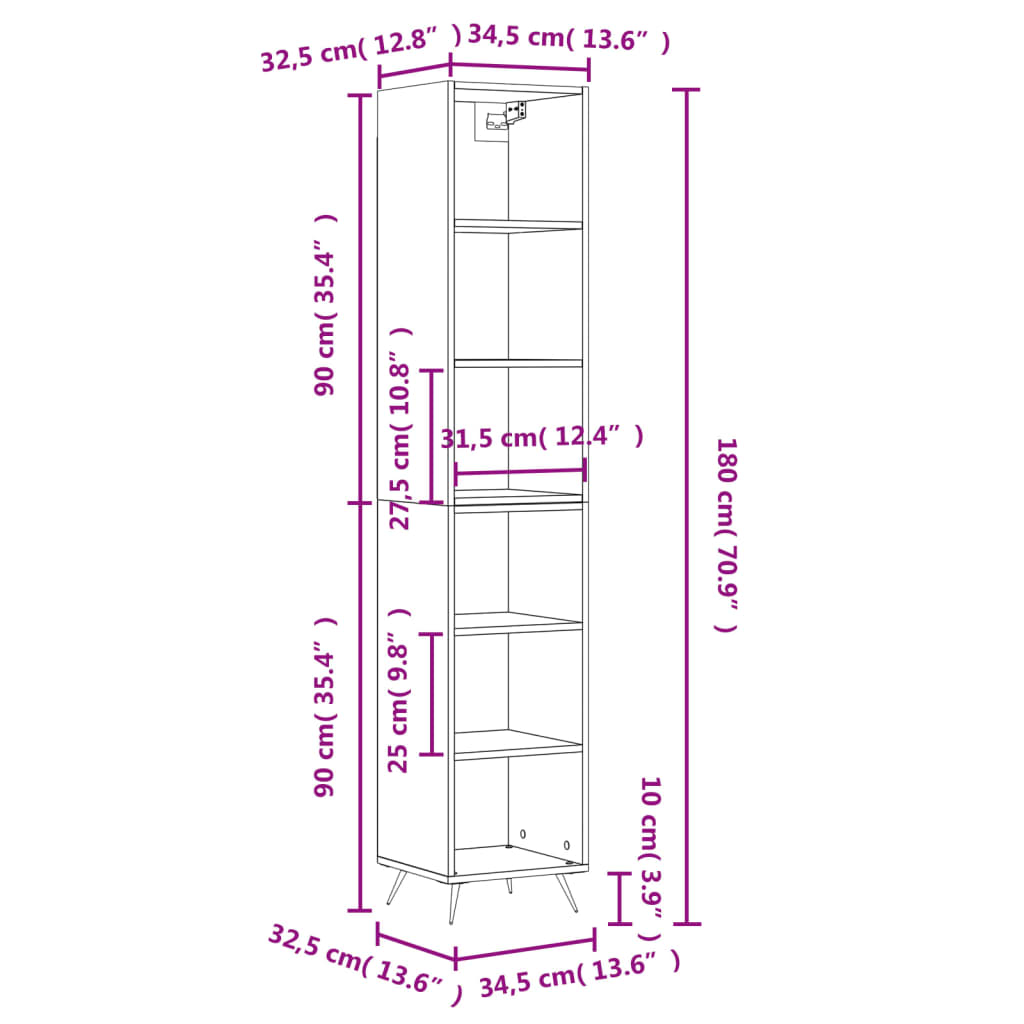 vidaXL skab 34,5x32,5x180 cm konstrueret træ sort