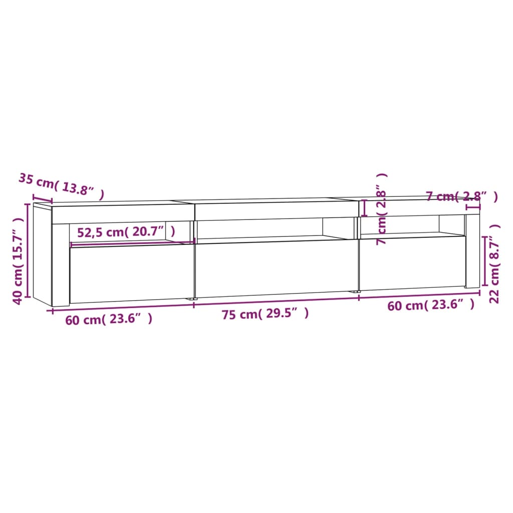 vidaXL sengebord med LED-lys 195x35x40 cm betongrå