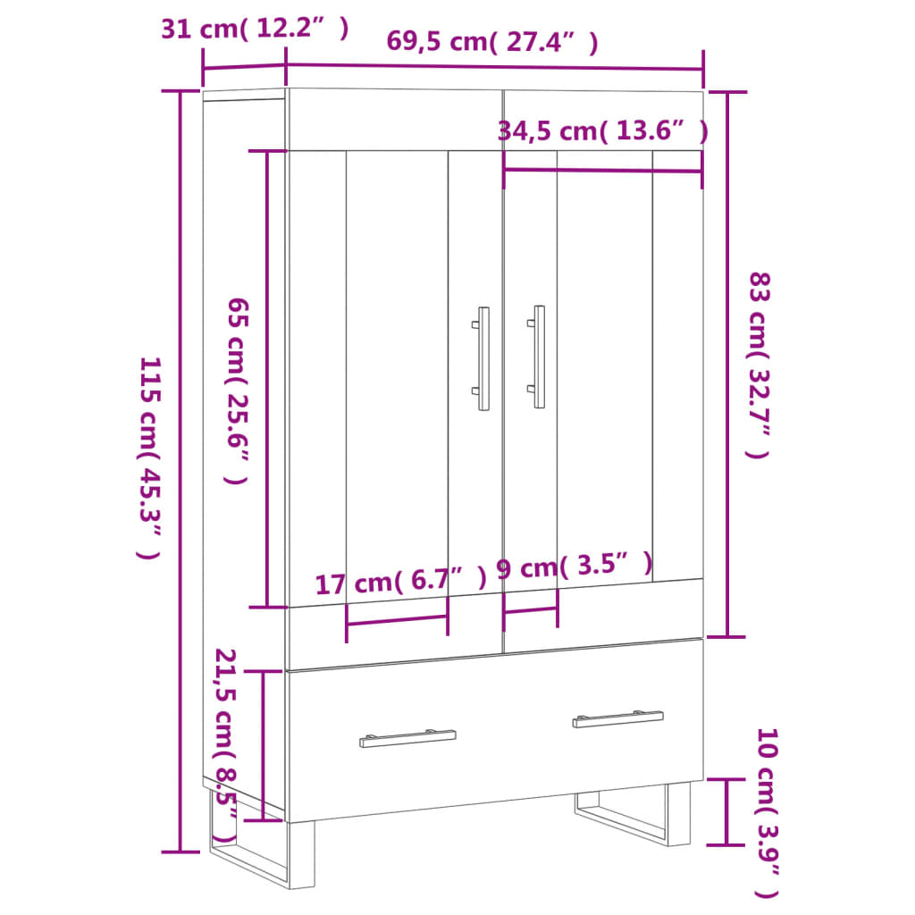 vidaXL skab 69,5x31x115 cm konstrueret træ betongrå