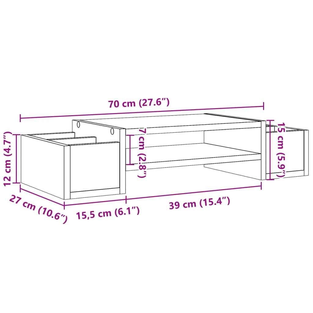 vidaXL skærmholder med opbevaring 70x27x15 cm konstrueret træ røget eg