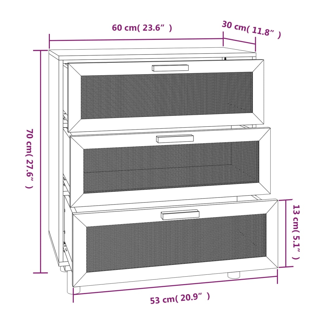 vidaXL skænk 60x30x70 cm massivt fyrretræ og naturlig rattan sort