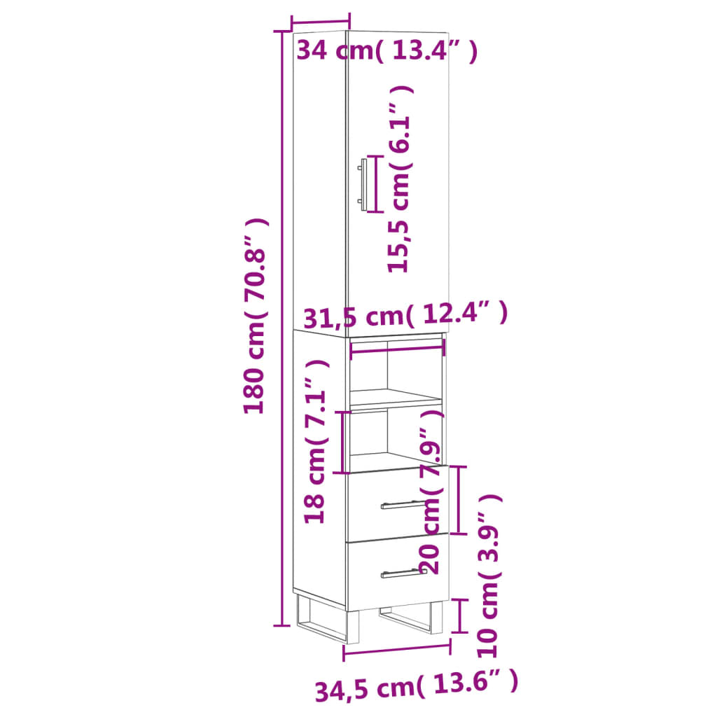 vidaXL skab 34,5x34x180 cm konstrueret træ hvid højglans