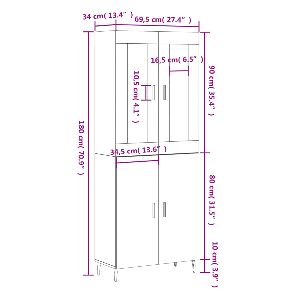 vidaXL højskab 69,5x34x180 cm konstrueret træ sort