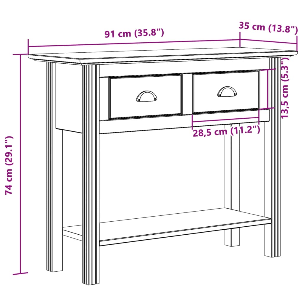 vidaXL konsolbord BODO 91x35x74 cm massivt fyrretræ brun