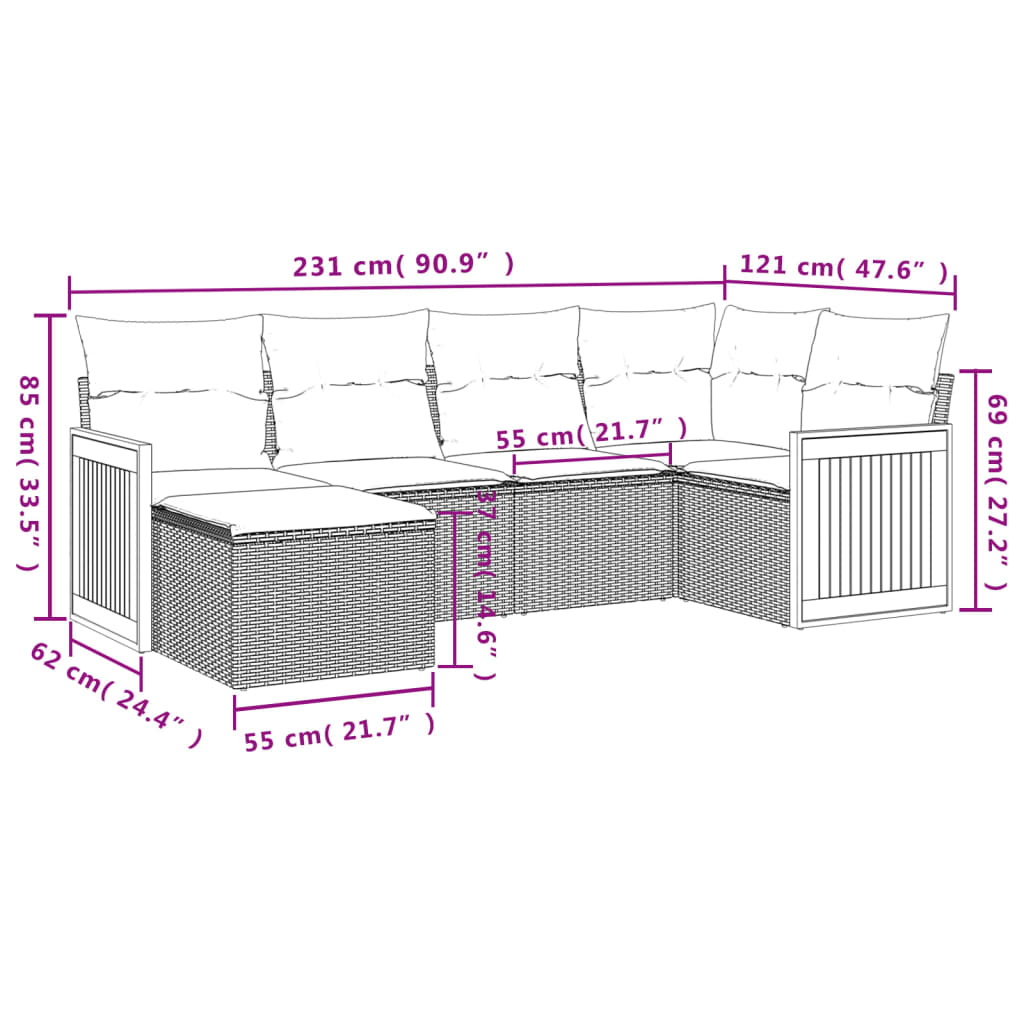 vidaXL sofasæt til haven 6 dele med hynder polyrattan grå