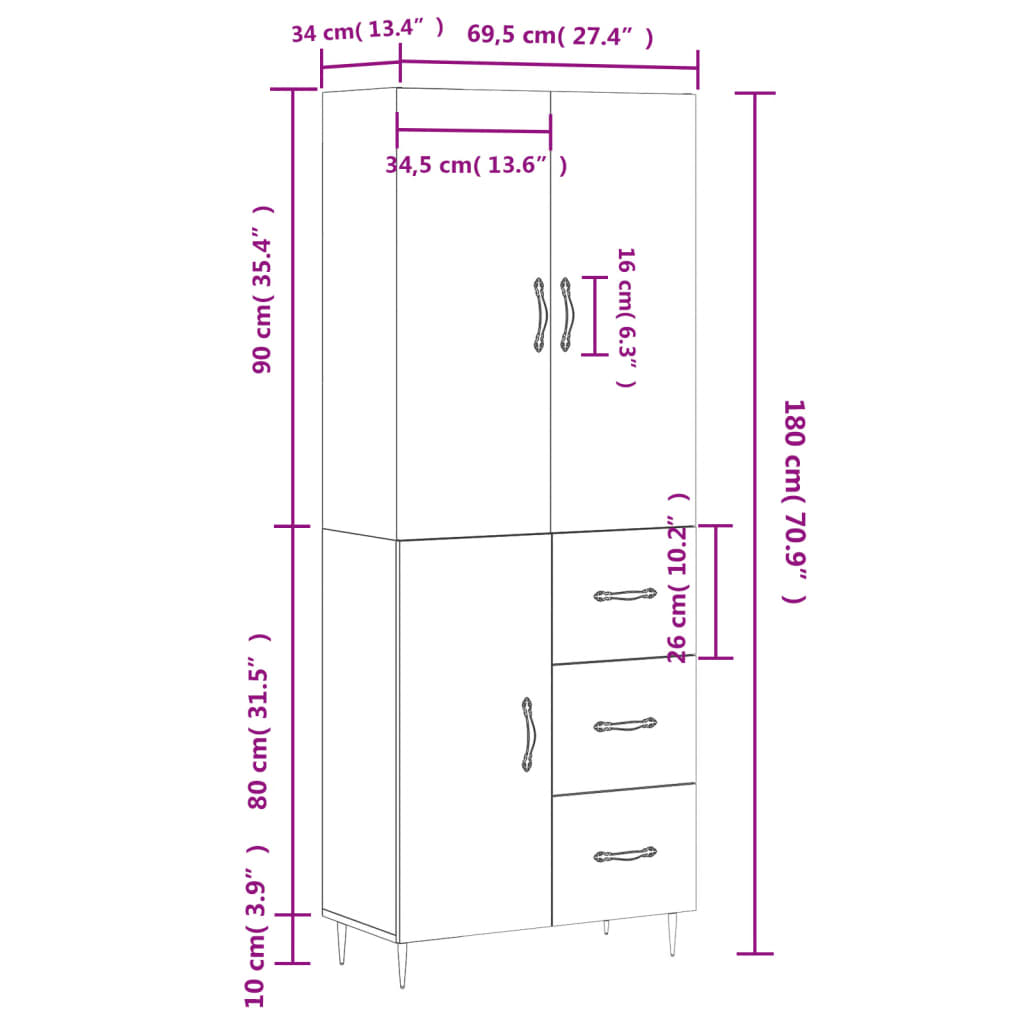 vidaXL højskab 69,5x34x180 cm konstrueret træ brun egetræsfarve