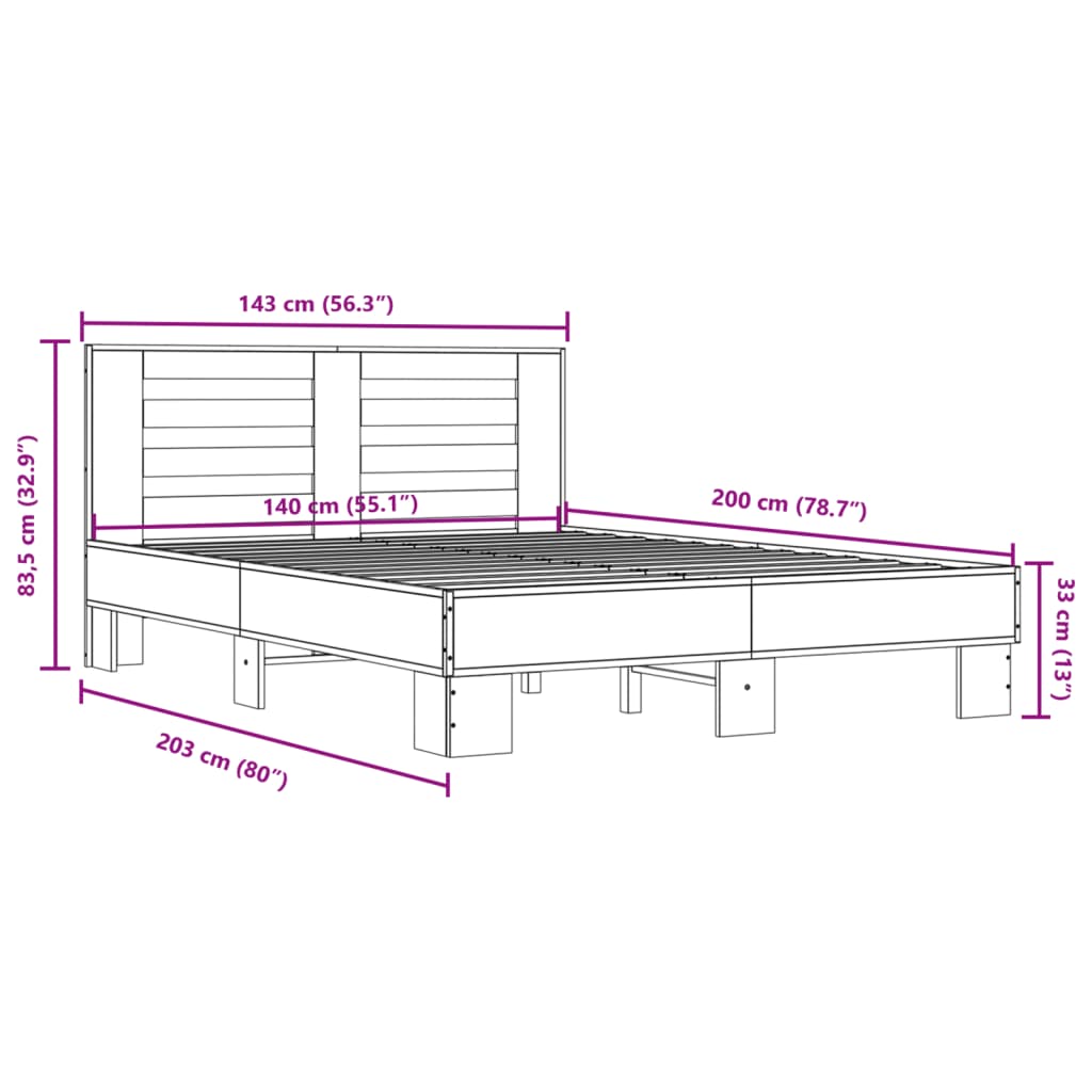 vidaXL sengestel 140x200 cm konstrueret træ og metal brun egetræ