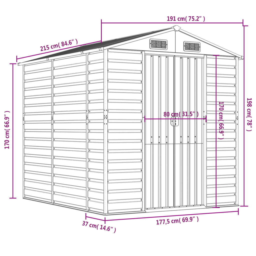 vidaXL haveskur 191x215x198 cm galvaniseret stål antracitgrå