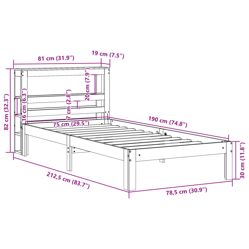 vidaXL sengeramme med sengegavl 75x190 cm massivt fyrretræ hvid