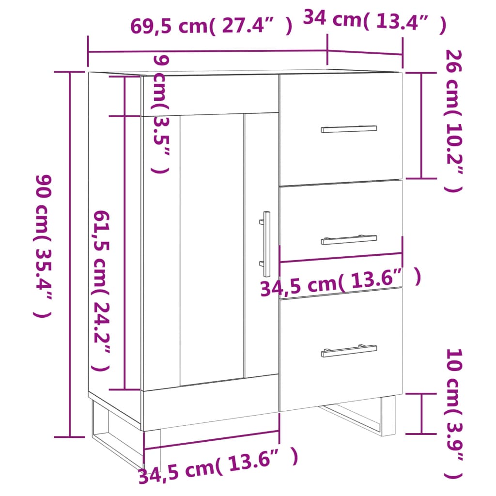 vidaXL skænk 69,5x34x90 cm konstrueret træ hvid