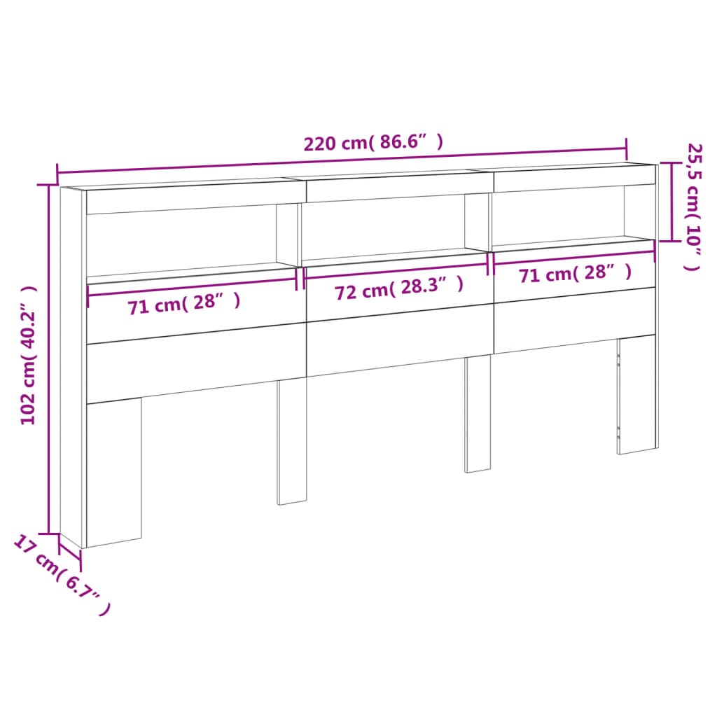 vidaXL sengegavl med opbevaring og LED-lys 220x17x102 cm brunt eg