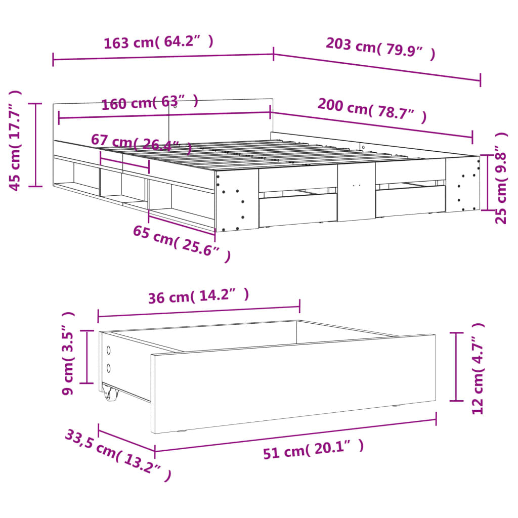 vidaXL sengeramme med skuffer 160x200 cm konstrueret træ hvid