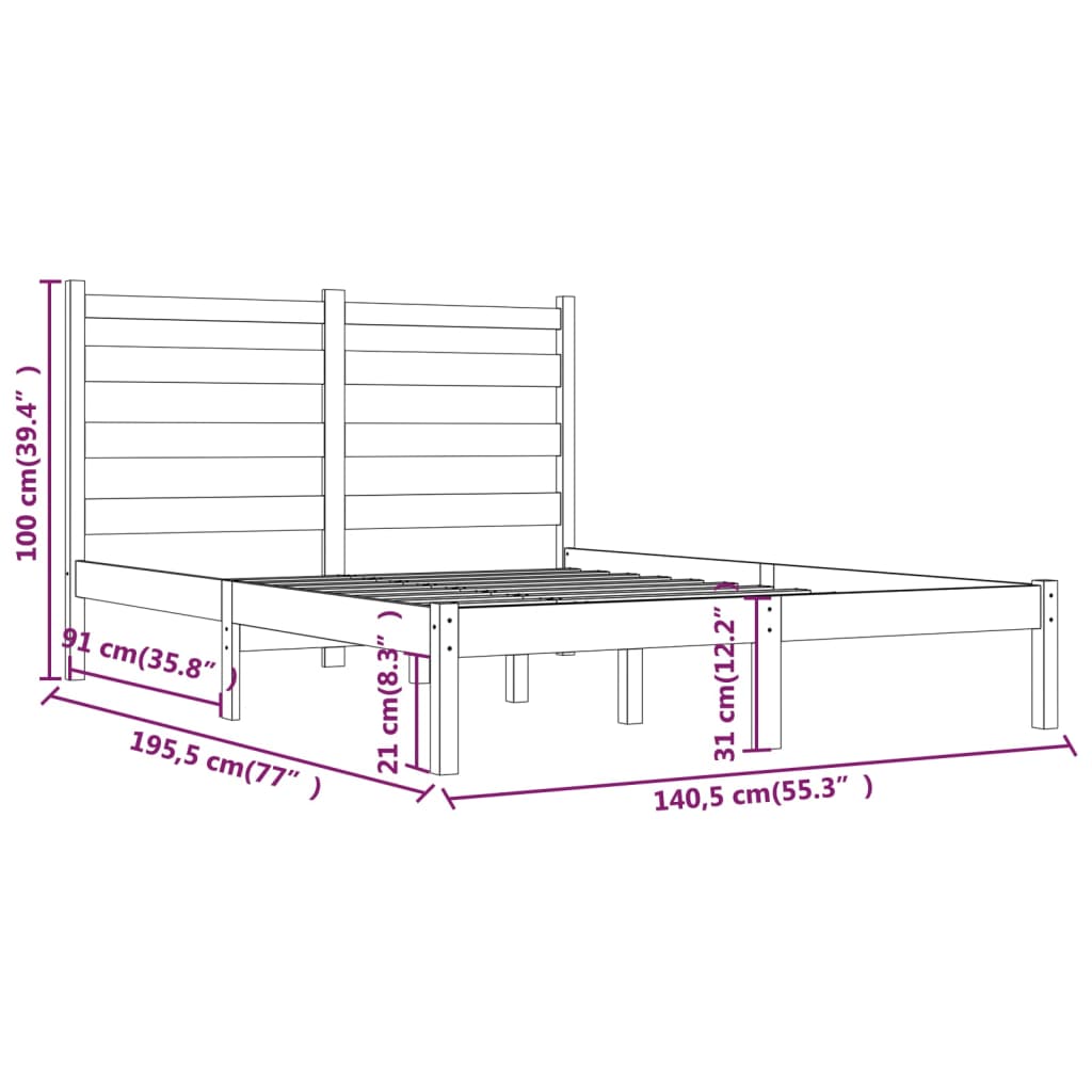 vidaXL sengeramme 135x190 cm Double massivt fyrretræ sort