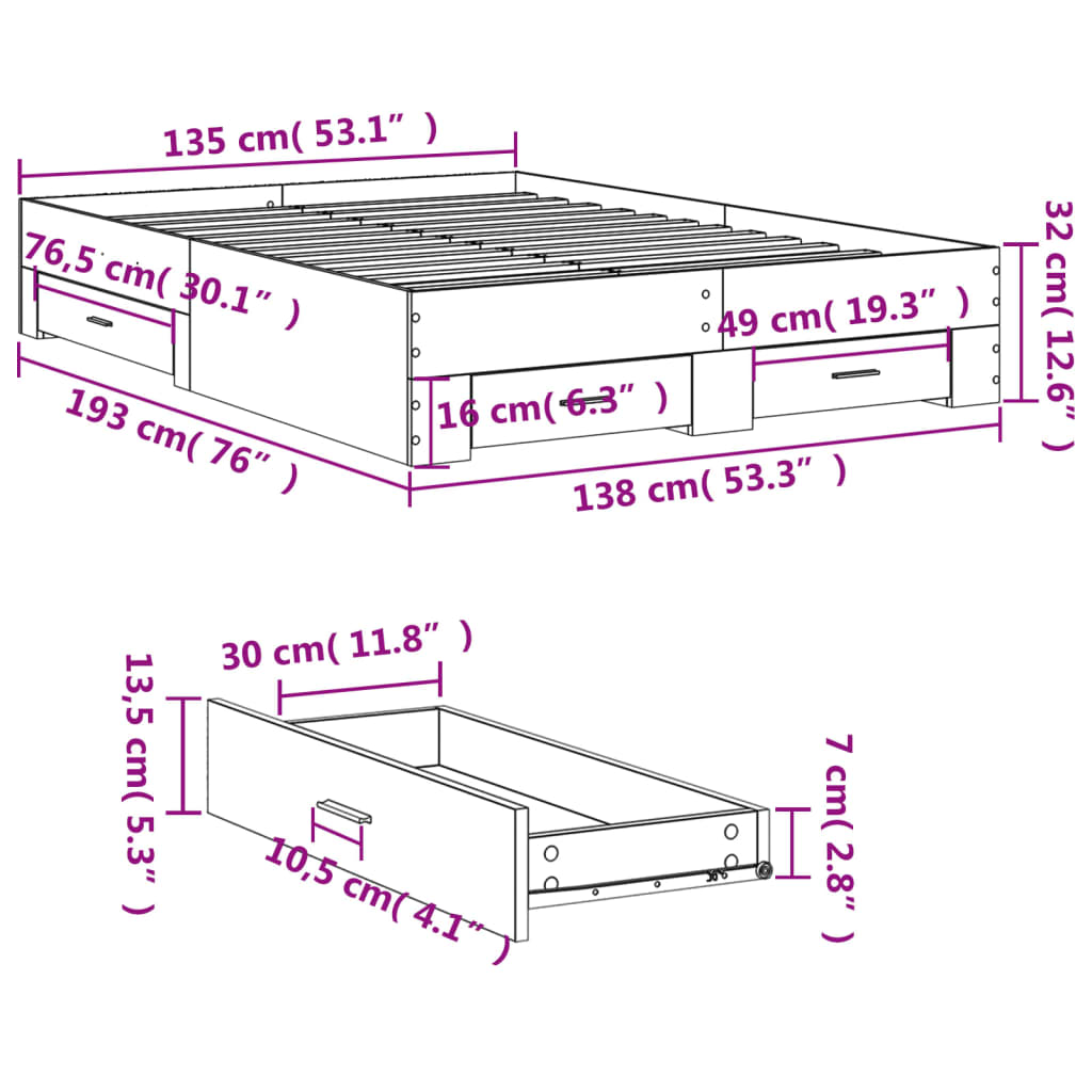 vidaXL sengeramme med skuffer 135x190 cm konstrueret træ sort