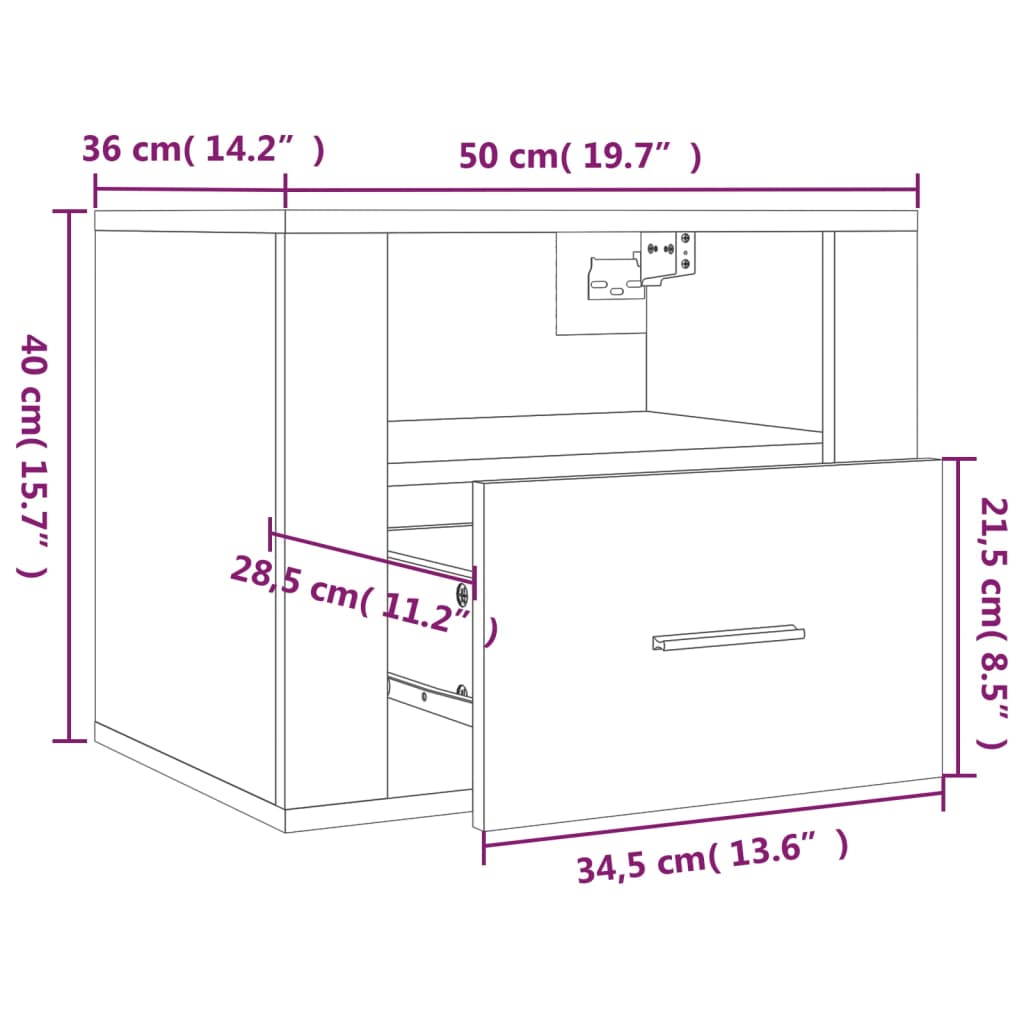 vidaXL væghængt sengebord 50x36x40 cm Sonoma-eg