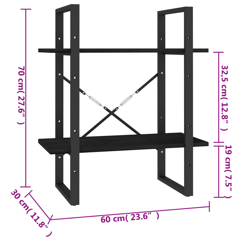 vidaXL bogreol 60x30x70 cm 2 hylder massivt fyrretræ sort