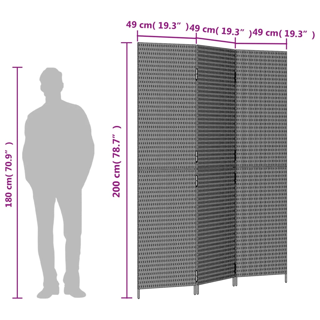 vidaXL rumdeler 3 paneler polyrattan grå