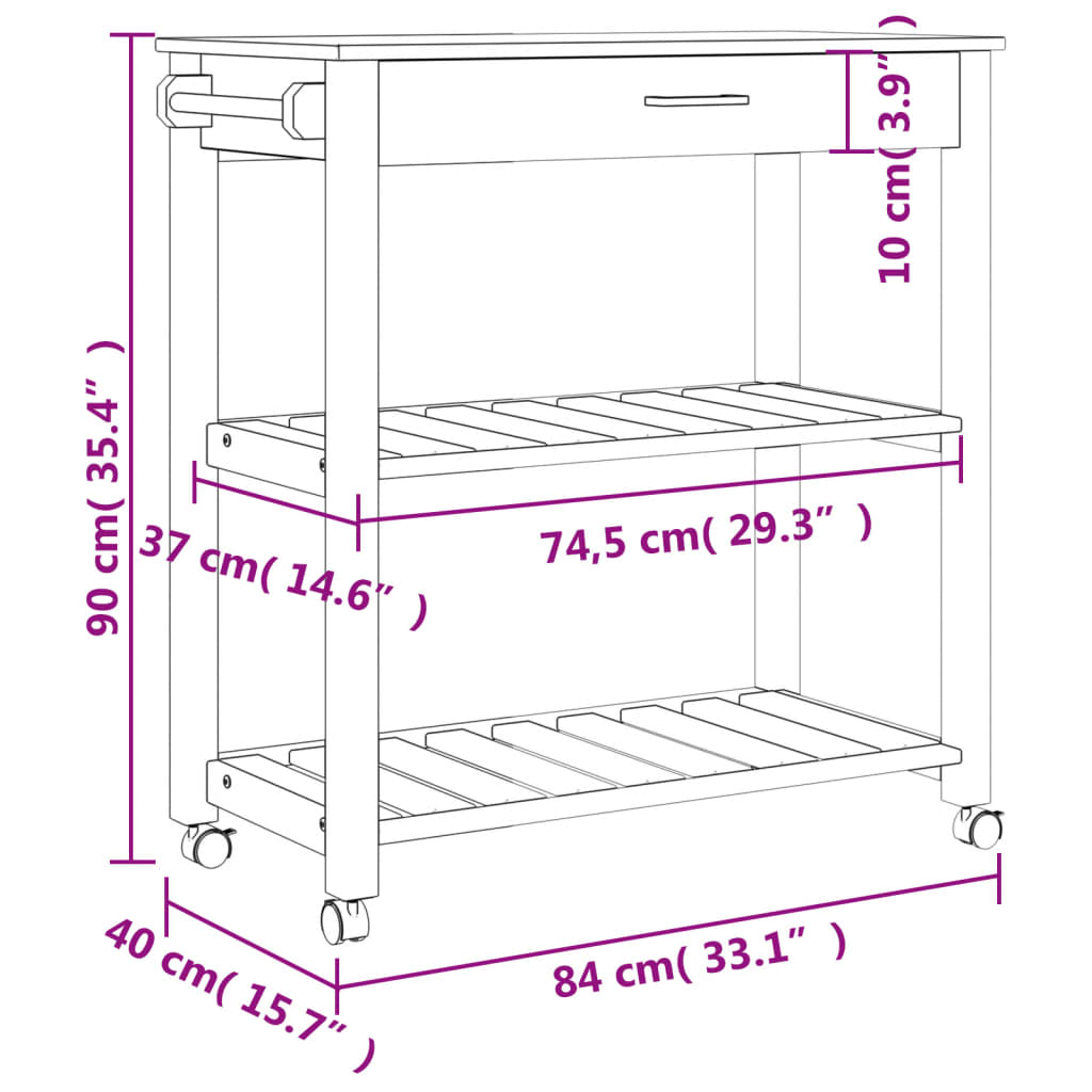 vidaXL køkkenvogn MONZA 84x40x90 cm massivt fyrretræ