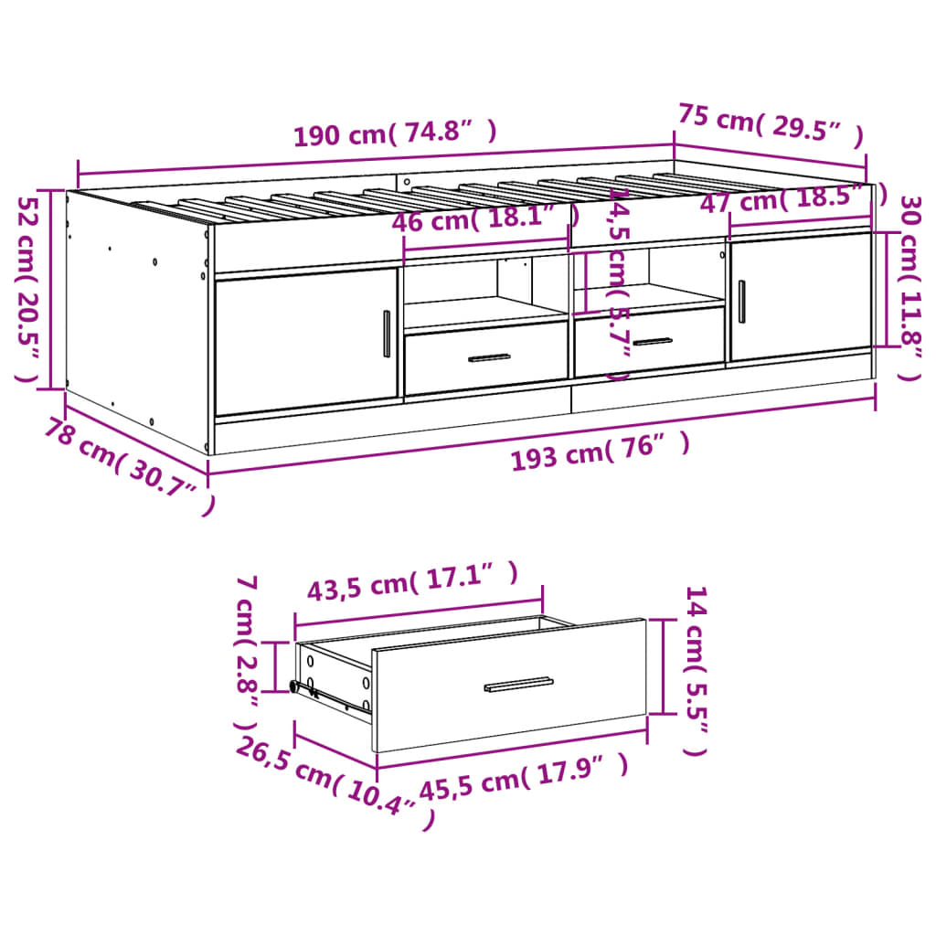 vidaXL daybed med skuffer uden madras 75x190 cm røget eg