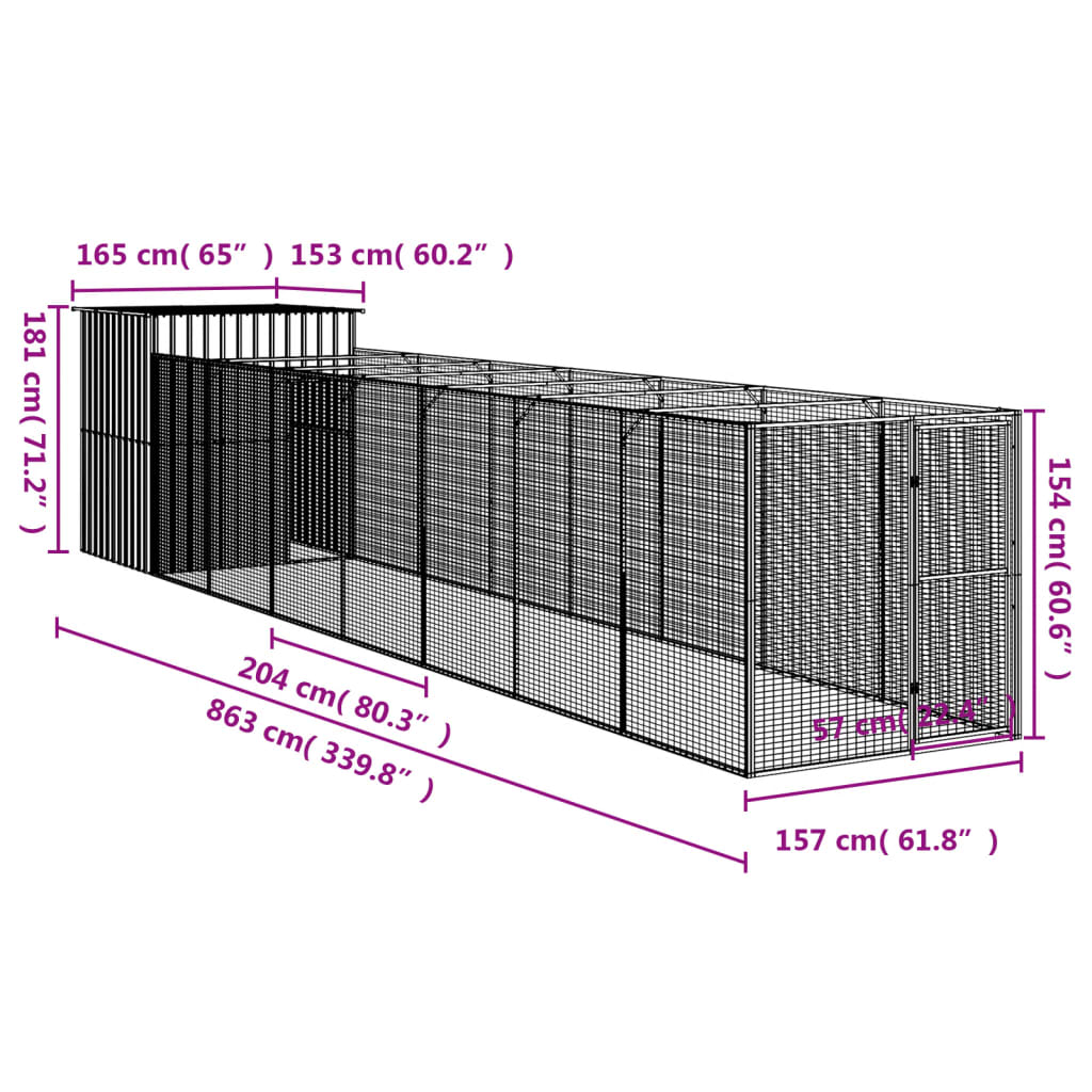 vidaXL hundehus med løbegård 165x863x181 cm galvaniseret stål lysegrå